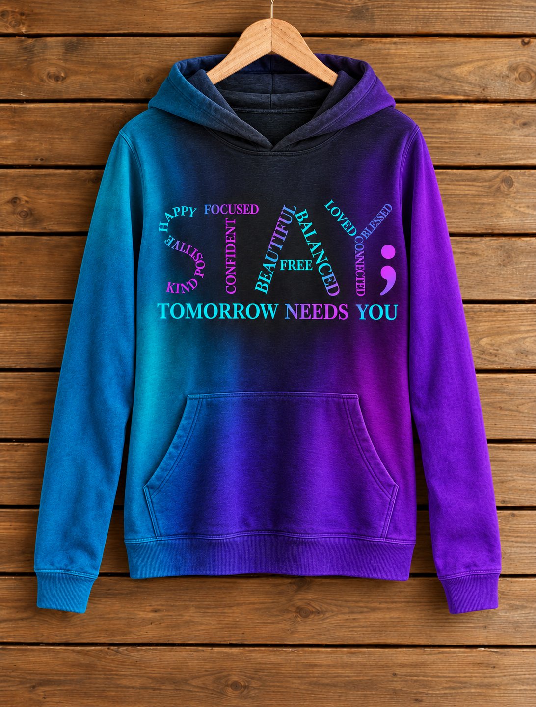 Women's pullover Tomorrow Needs You hoodie, teal to purple