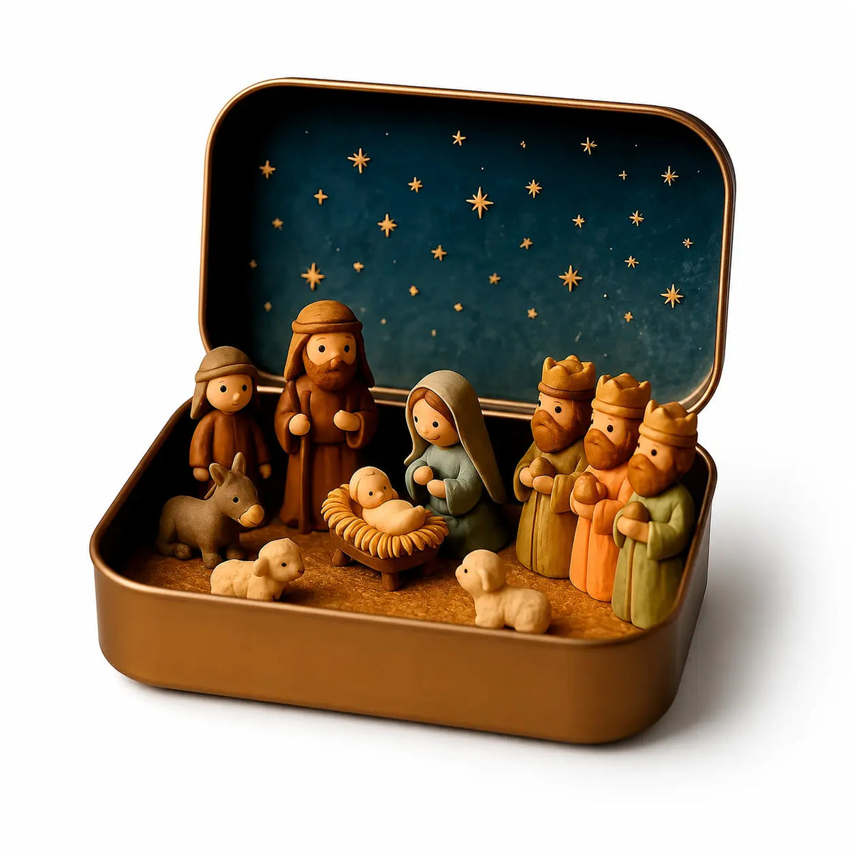 Mini nativity scene in an open keepsake tin with starry backdrop