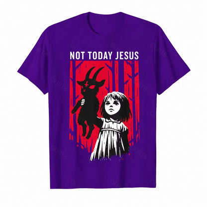Purple Not Today Jesus gothic goat graphic T-shirt with red woodland artwork