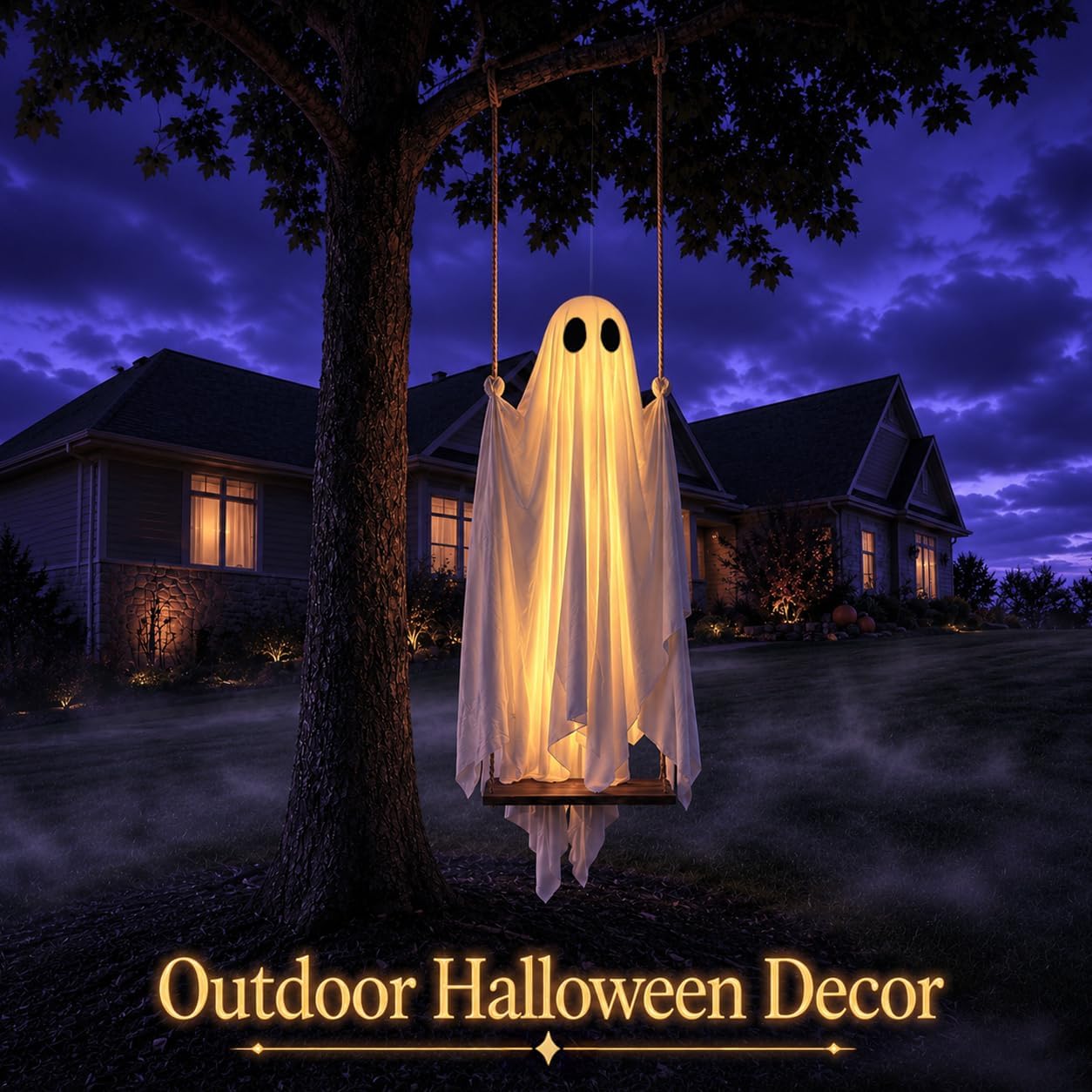 Swinging ghost Halloween decoration hanging under tree branch outdoor decor