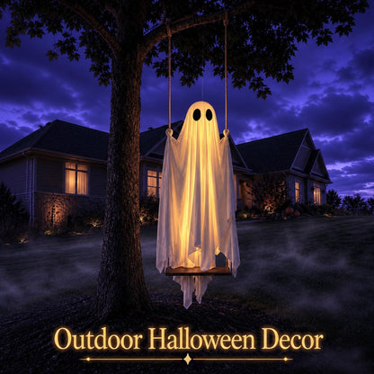 Swinging ghost Halloween decoration hanging under tree branch outdoor decor