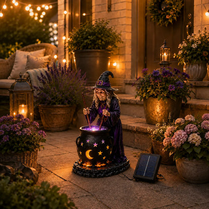 Halloween witch cauldron solar decor glowing on luxury garden patio