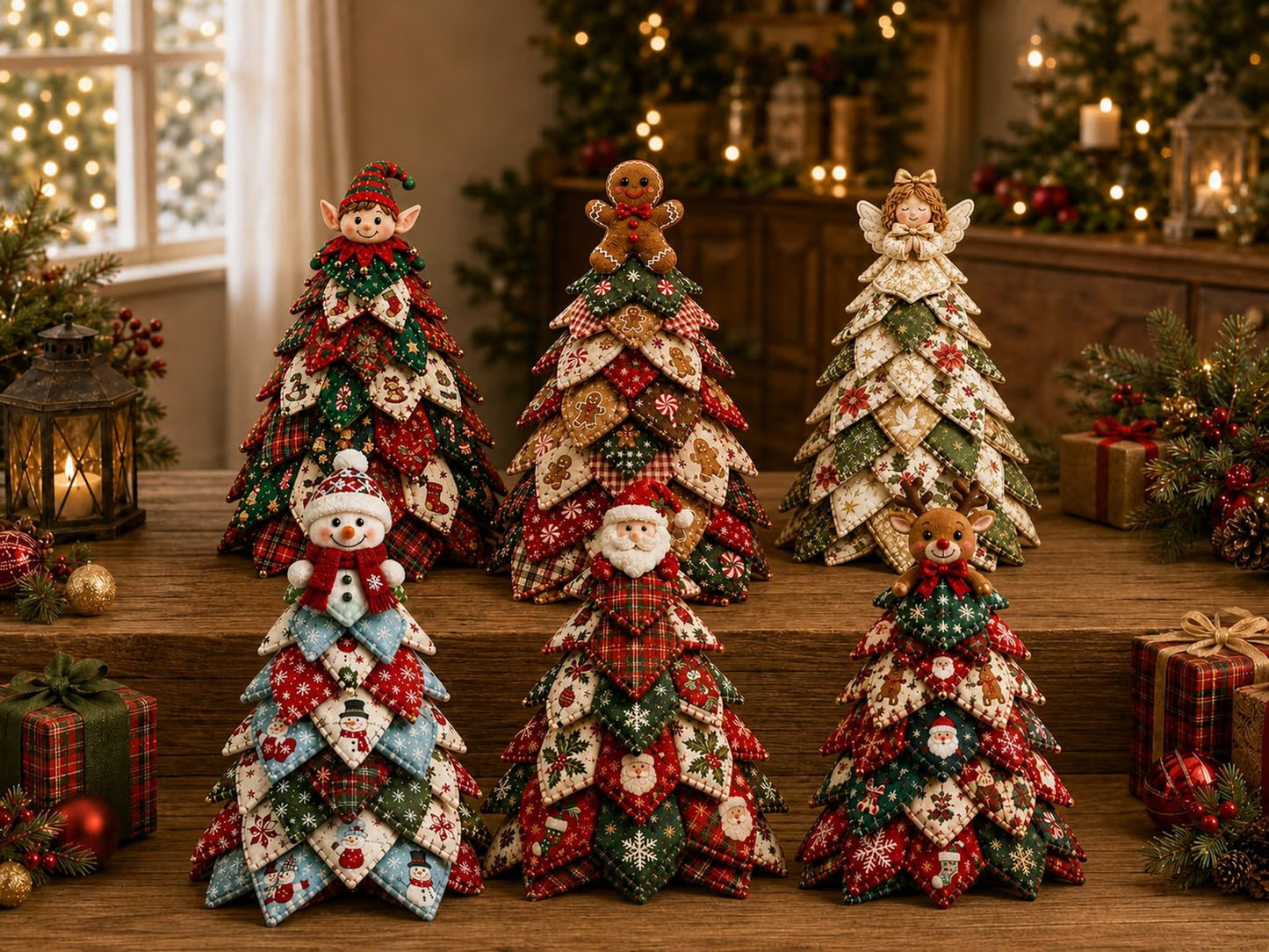 Collection of six DIY quilted Christmas trees in different styles