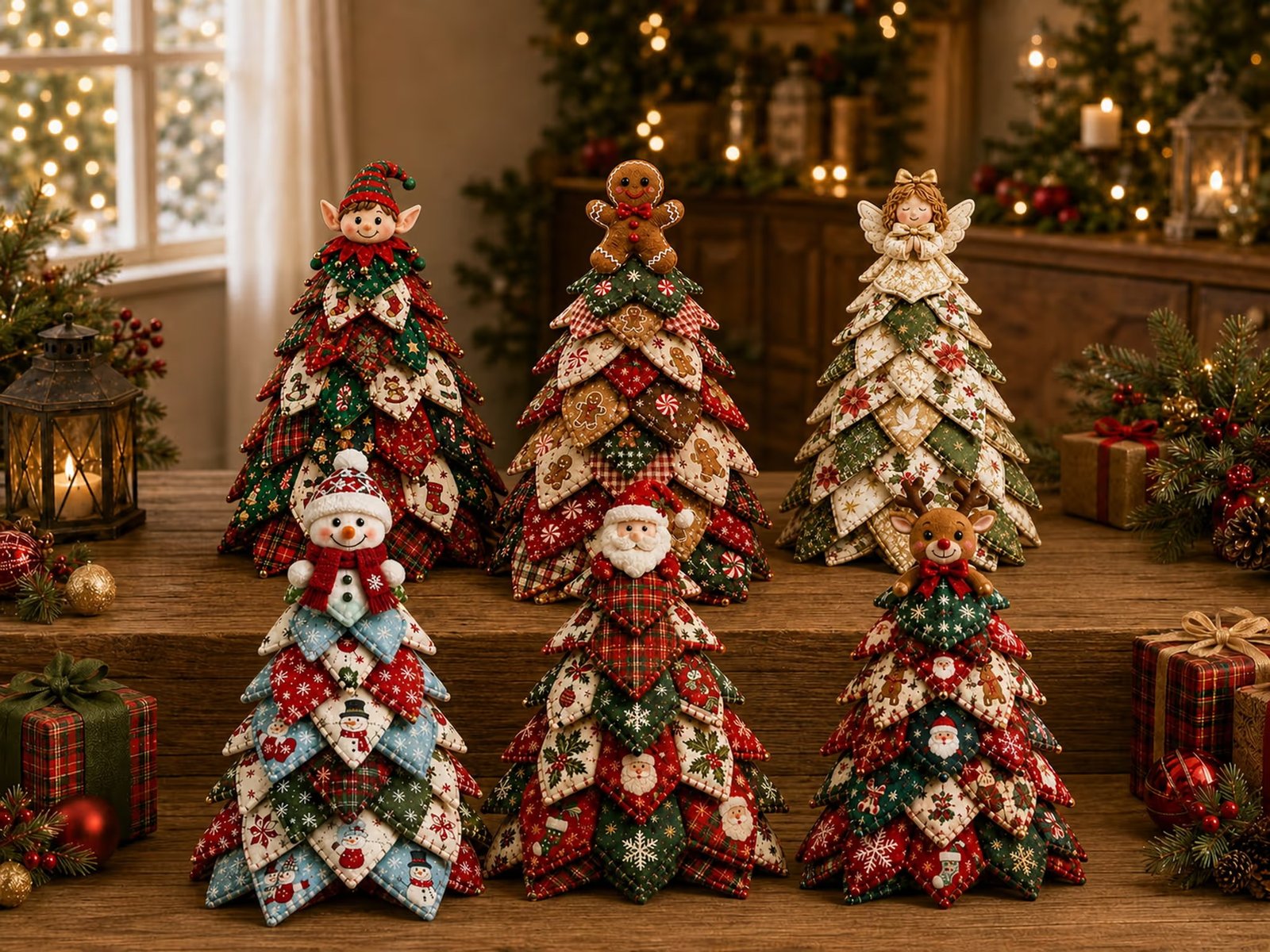 Collection of six DIY quilted Christmas trees in different styles