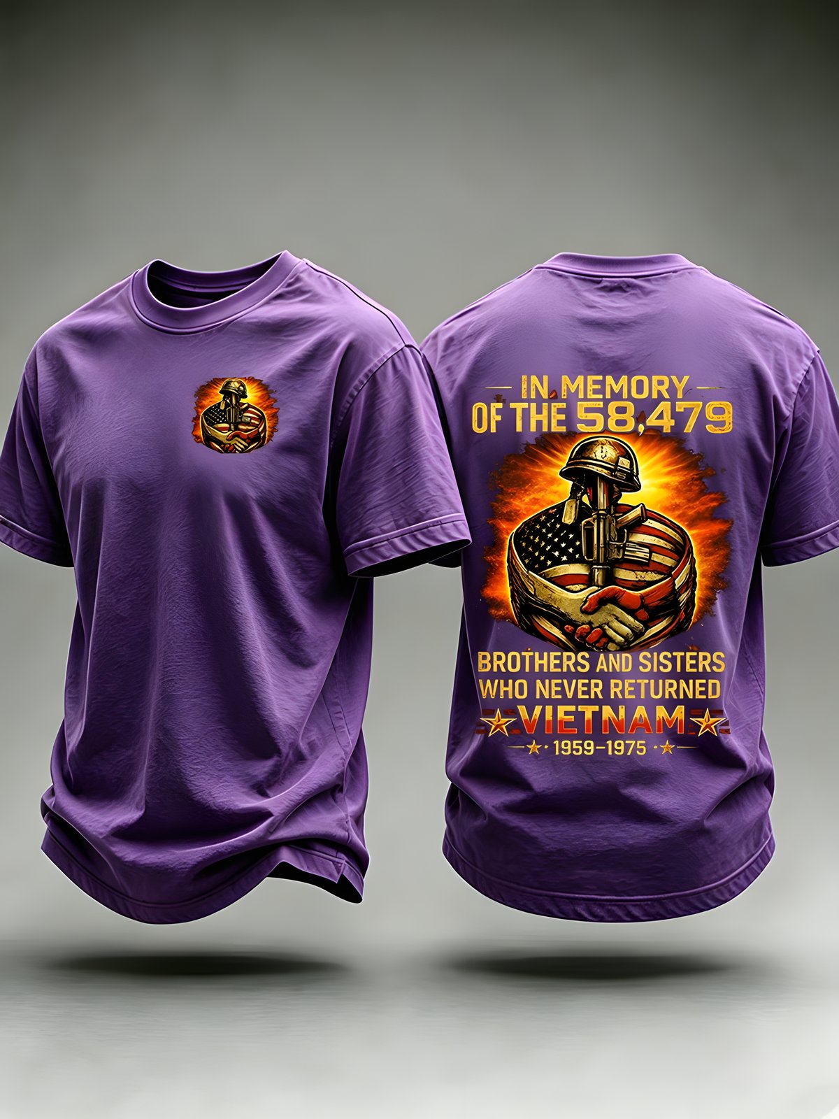 Purple Vietnam memorial tribute T-shirt with front and back graphics