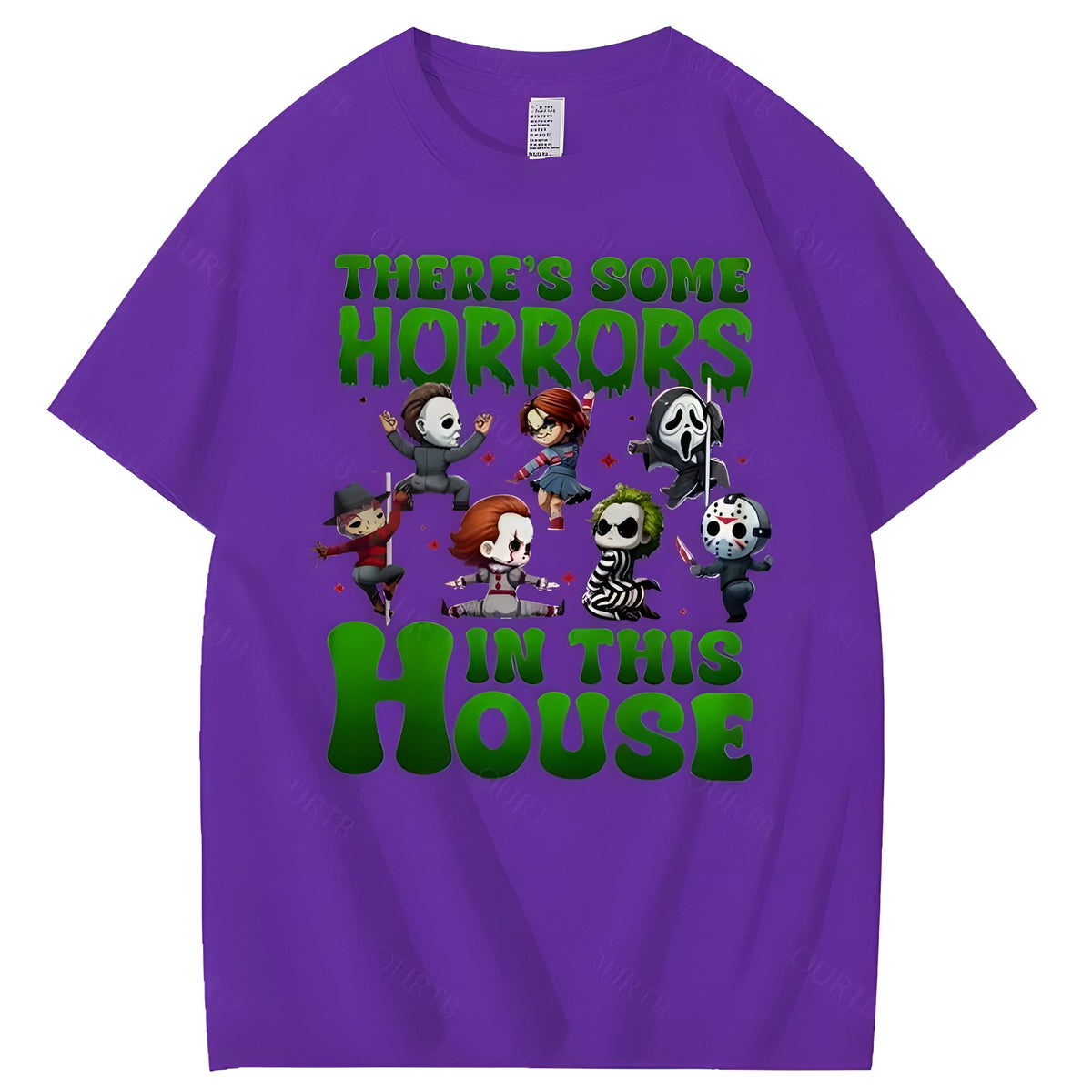Purple Halloween horror character graphic cotton T-shirt, front view