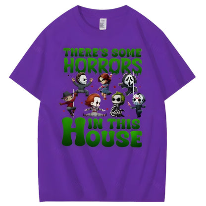 Purple Halloween horror character graphic cotton T-shirt, front view