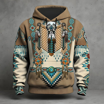 Southwestern graphic hoodie with tan and turquoise geometric artwork