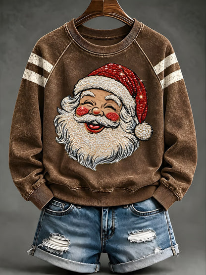 Coffee women's Santa print Christmas sweatshirt with striped sleeves