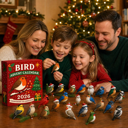 Family gathered opening the Bird Advent Calendar 2026 together on Christmas morning