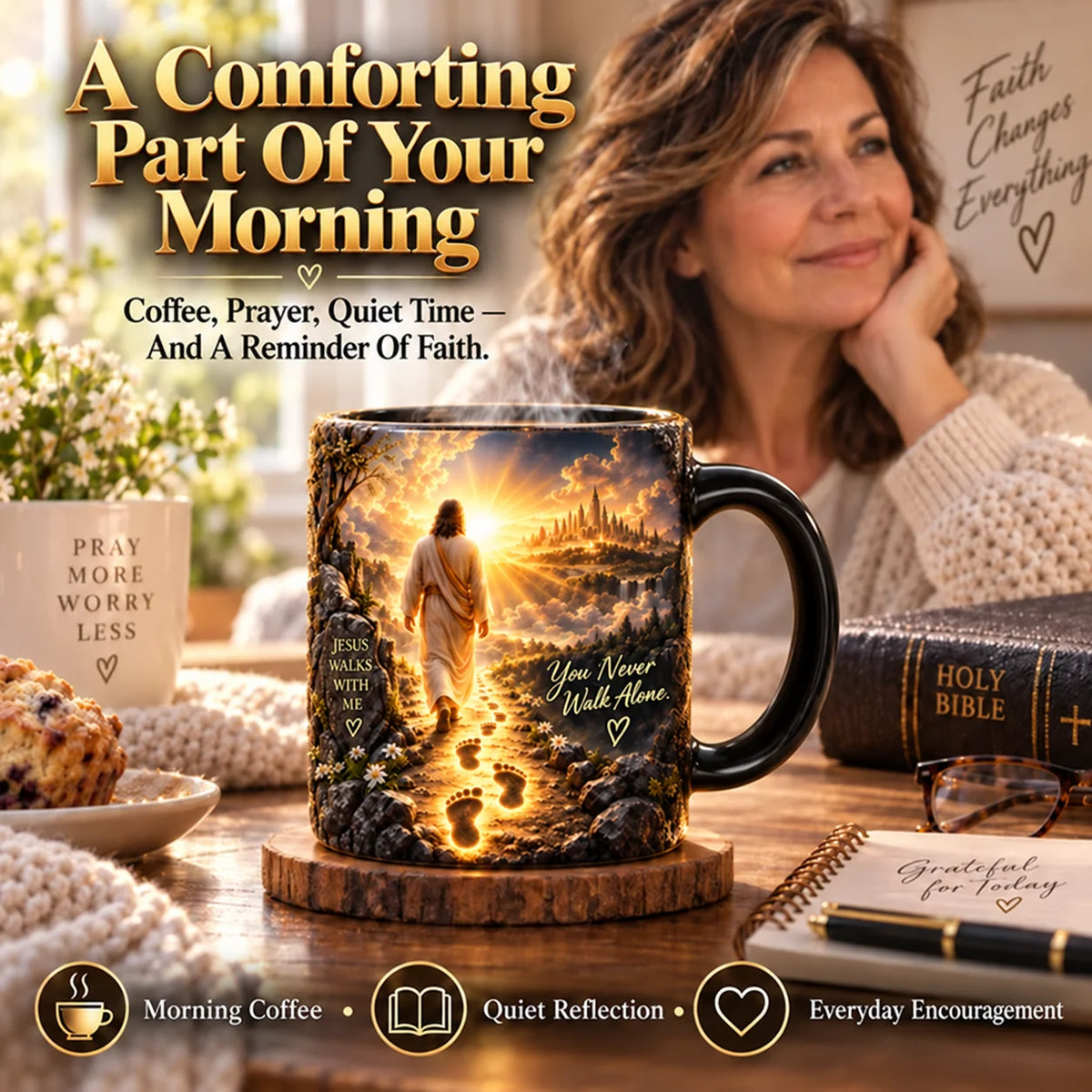 Christian heat-reveal Jesus mug in a morning coffee setting