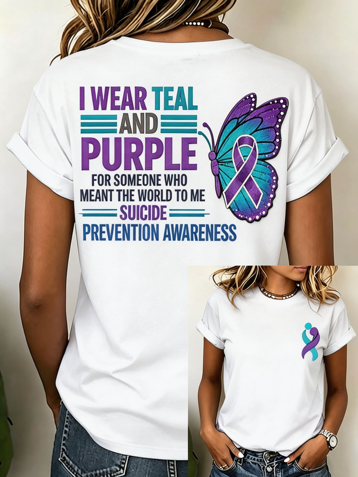 Ribbon butterfly awareness tee in black to purple gradient