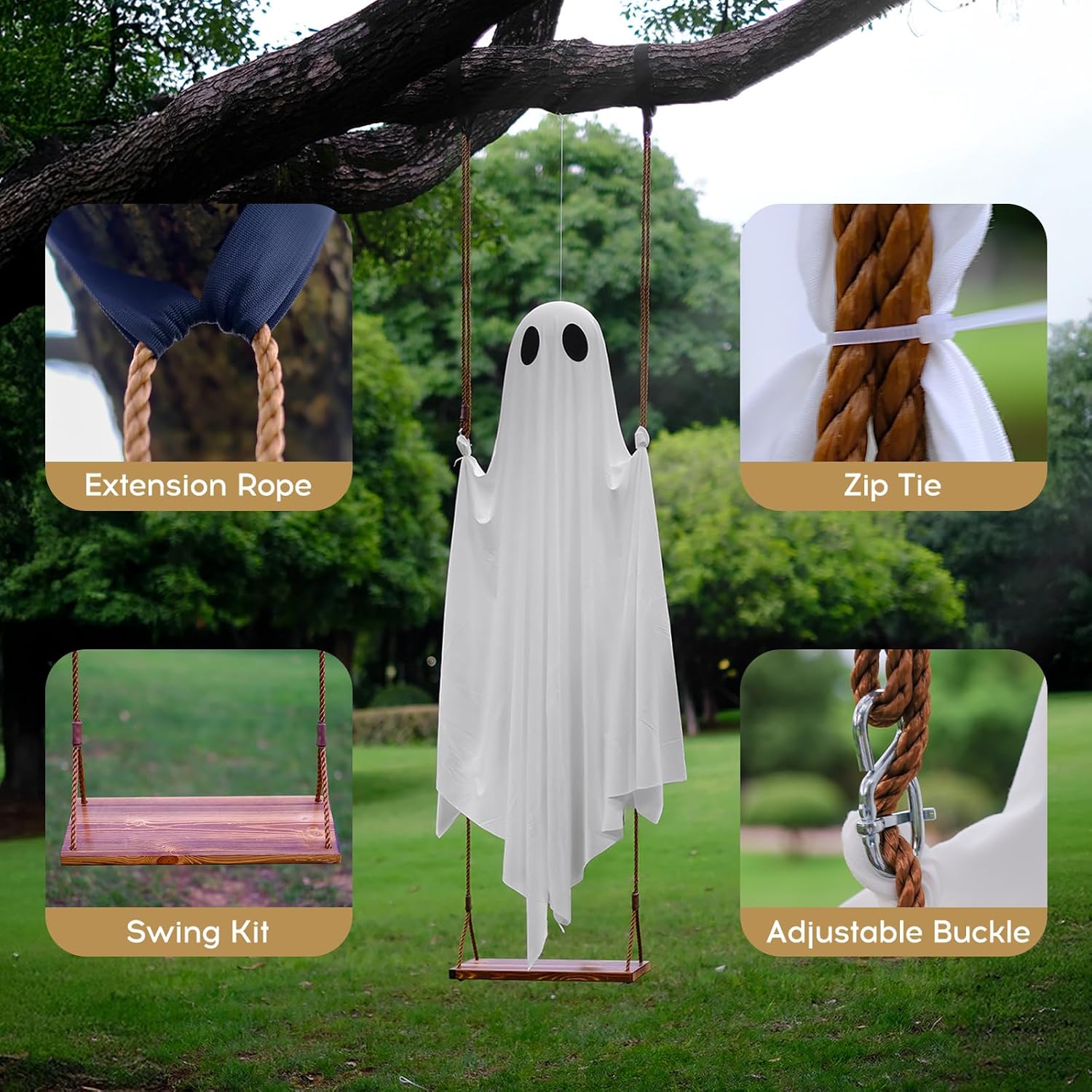 Swinging ghost Halloween decoration adjustable rope buckle and swing kit detail