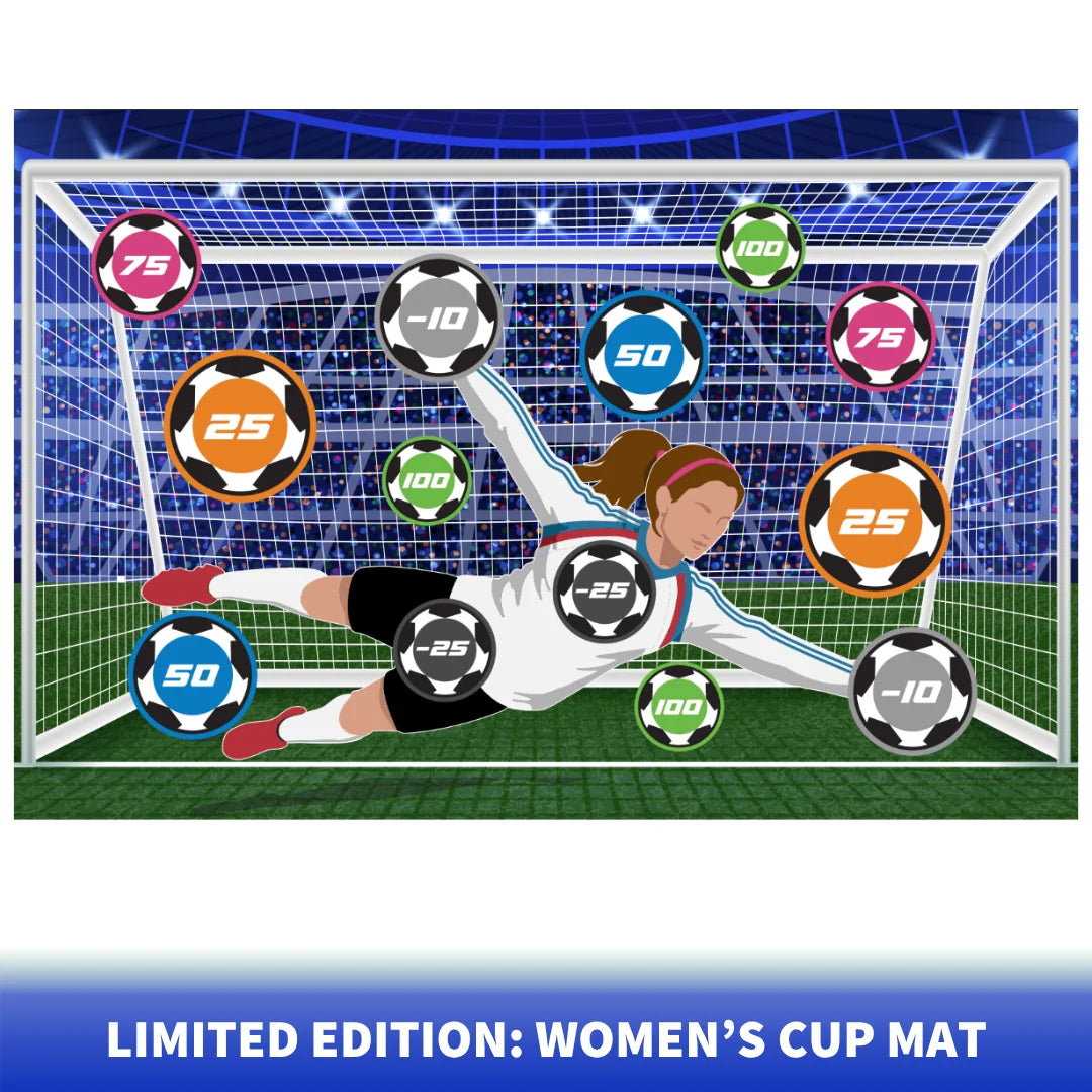 Women's cup soccer target mat with a goalkeeper in a white jersey