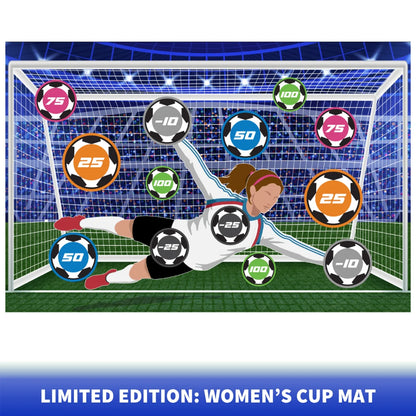 Women's cup soccer target mat with a goalkeeper in a white jersey
