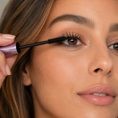Precision mascara brush applying formula to fine lashes
