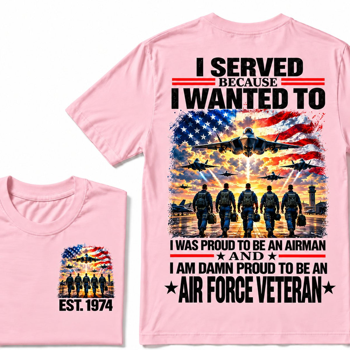 Pink Air Force veteran custom year T-shirt with front and back patriotic aircraft graphics