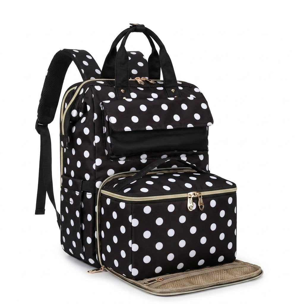 Modern lunch backpack in Black Polka Dot with the front lunch compartment open