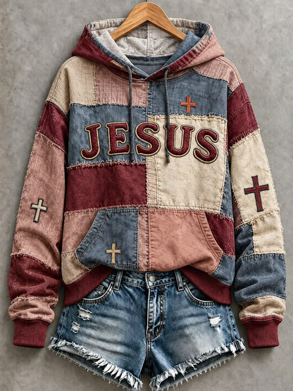 Women's JESUS cross print patchwork-look hoodie in Burgundy / Blue / Dusty Pink