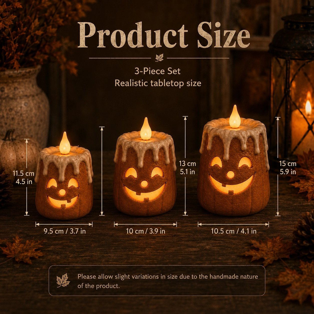 Fall pumpkin candle set as centerpiece with orange leaves and warm decor