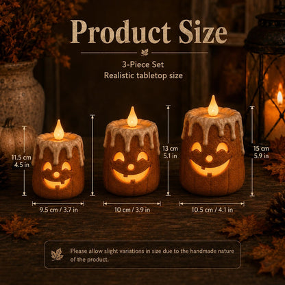 Fall pumpkin candle set as centerpiece with orange leaves and warm decor