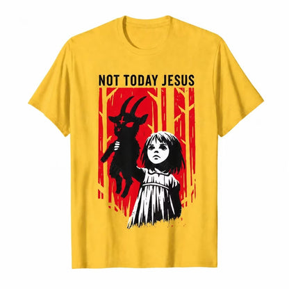 Yellow Not Today Jesus gothic goat graphic T-shirt with red woodland artwork