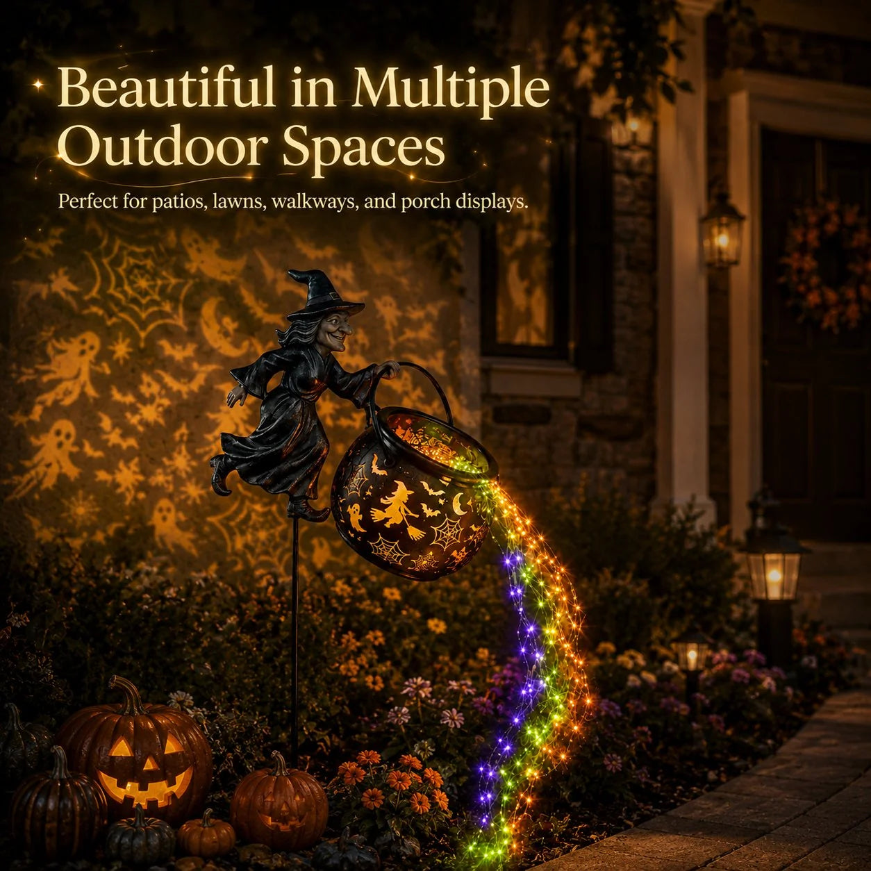 Halloween witch cauldron light in porch and patio outdoor spaces