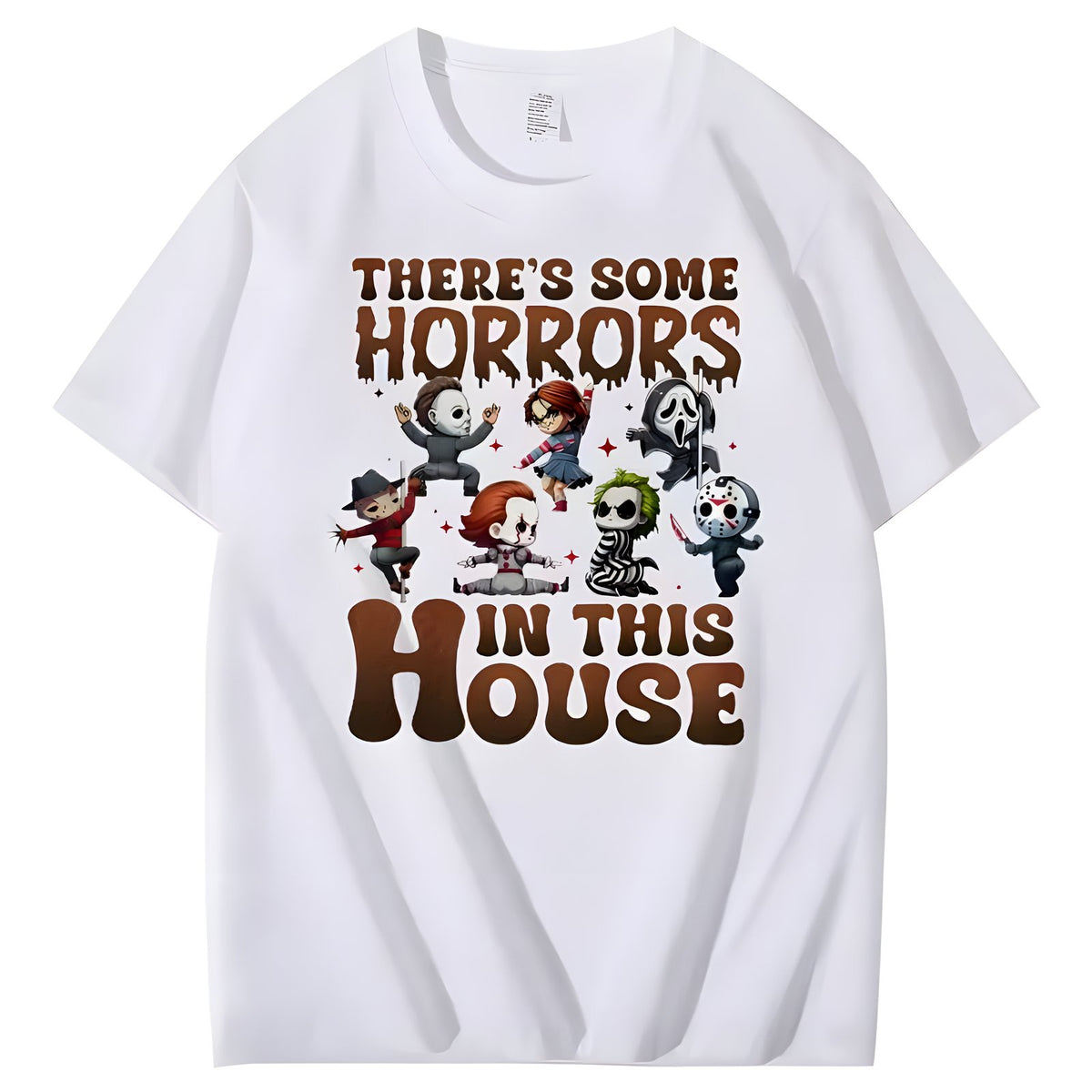 White Halloween horror character graphic cotton T-shirt, front view