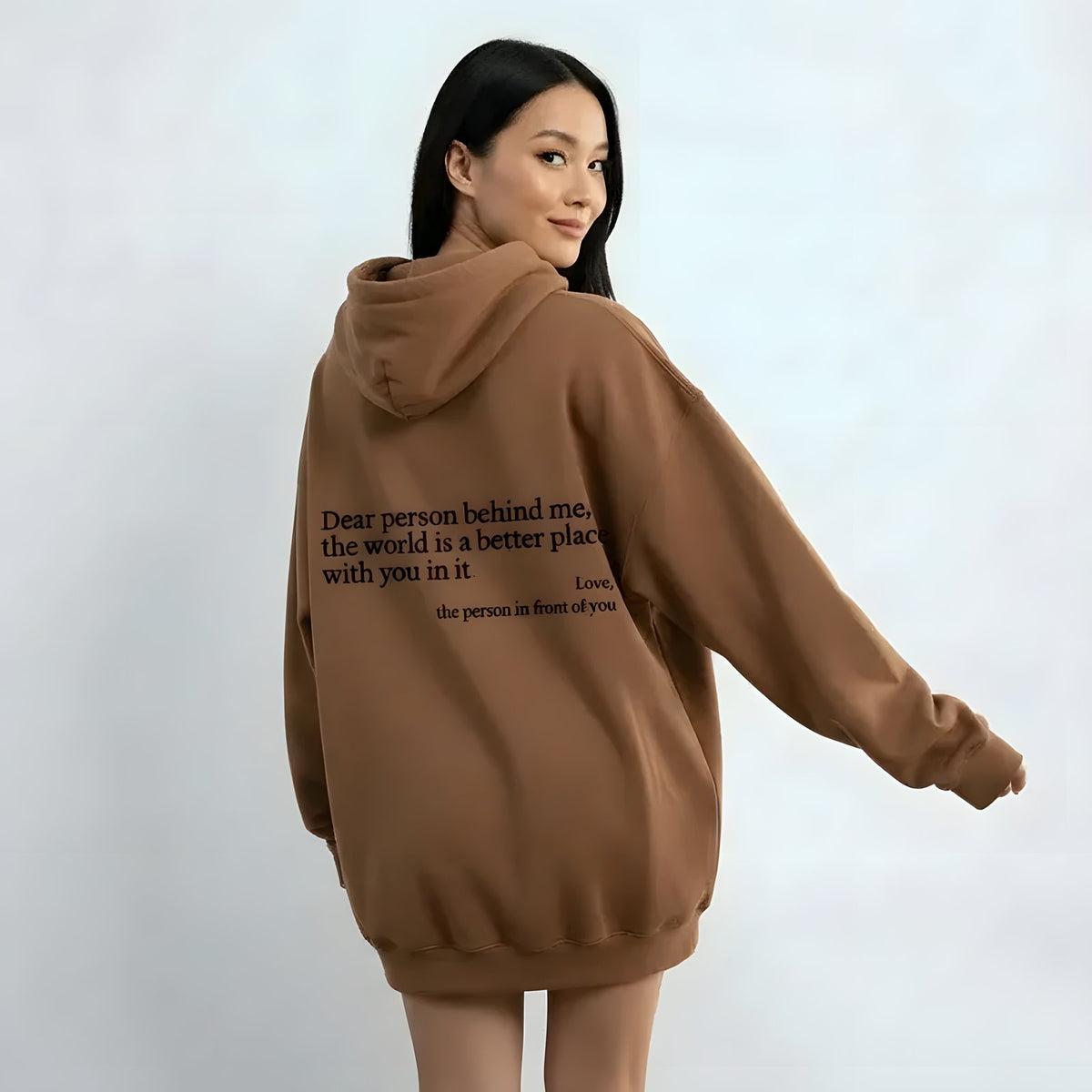 Brown Dear Person Behind Me kindness hoodie with back message