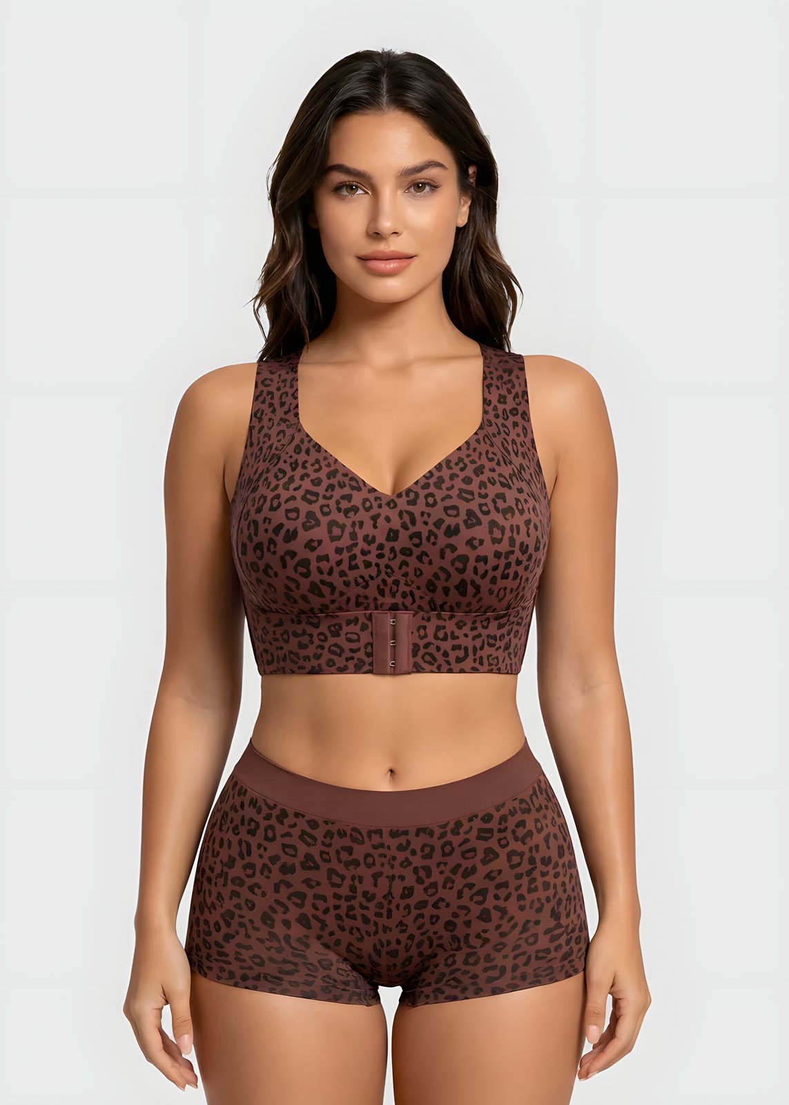 Leopard wireless support bra with adjustable front band