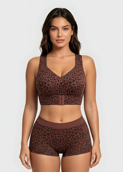 Leopard wireless support bra with adjustable front band
