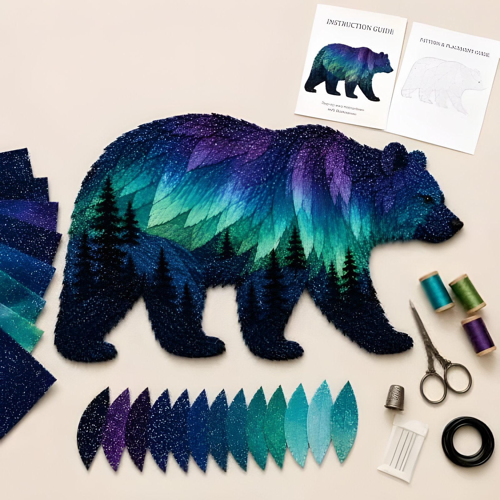 Bear northern lights patchwork art kit finished piece with supplies