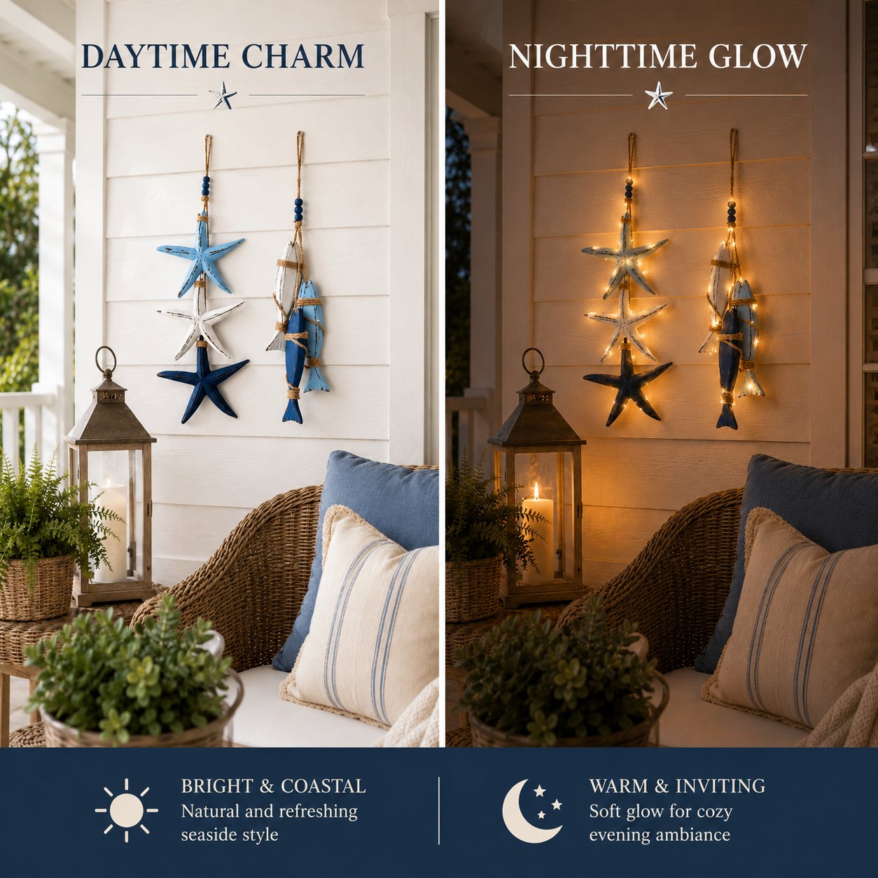 Coastal starfish fish hanging decor daytime charm vs nighttime glow comparison