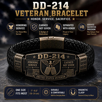 DD-214 bracelet feature breakdown — one size, durable braided band, magnetic clasp