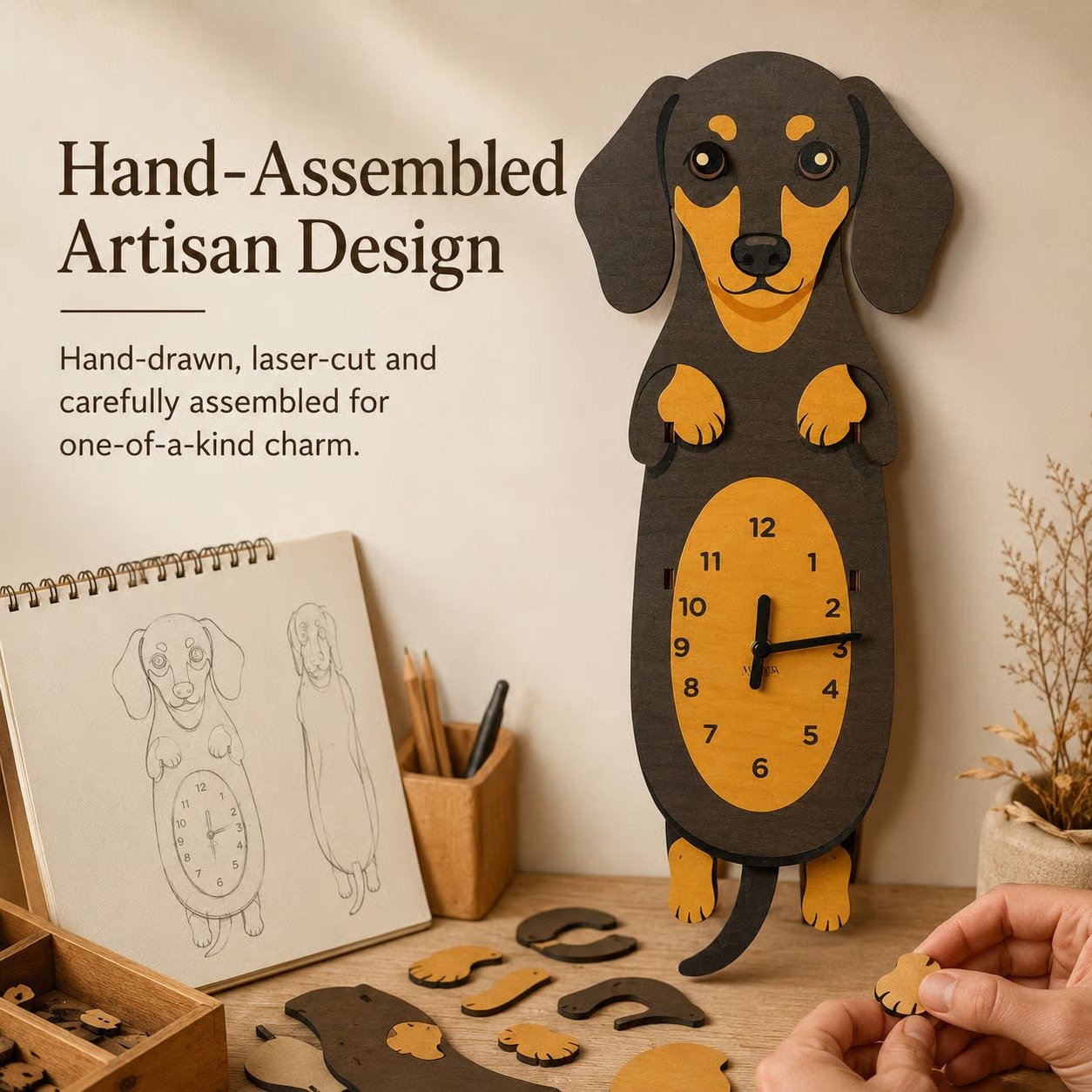 Hand-assembled artisan design dachshund wall clock sketches and parts