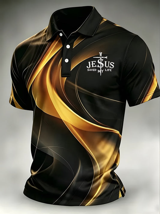 Black and gold Jesus Saved My Life Christian polo shirt with ribbon print