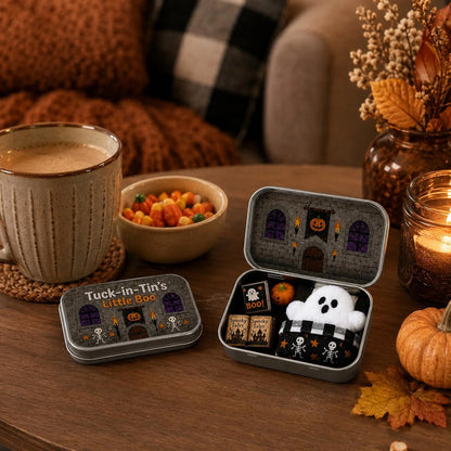 Halloween Mini Ghost Tin Box — Spooky Cute Figurine Set