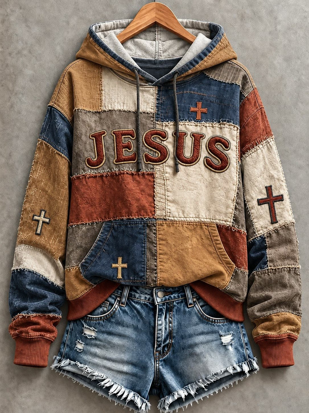 Women's JESUS cross print patchwork-look hoodie in Mustard / Navy / Rust