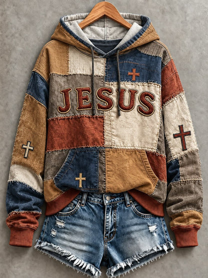 Women's JESUS cross print patchwork-look hoodie in Mustard / Navy / Rust