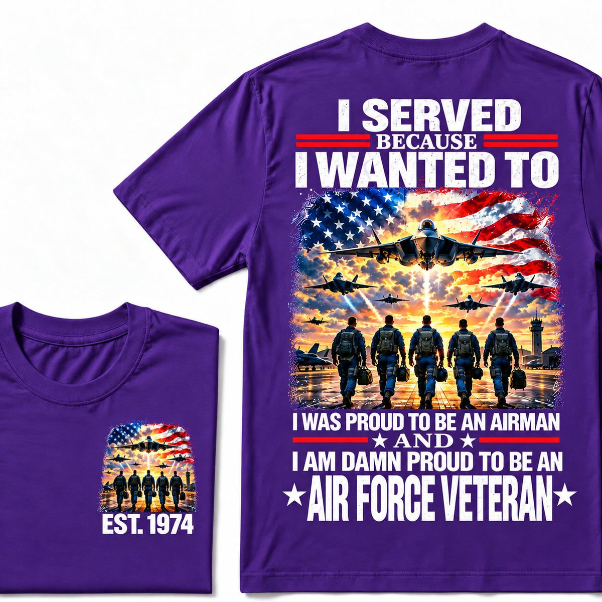 Purple Air Force veteran custom year T-shirt with front and back patriotic aircraft graphics
