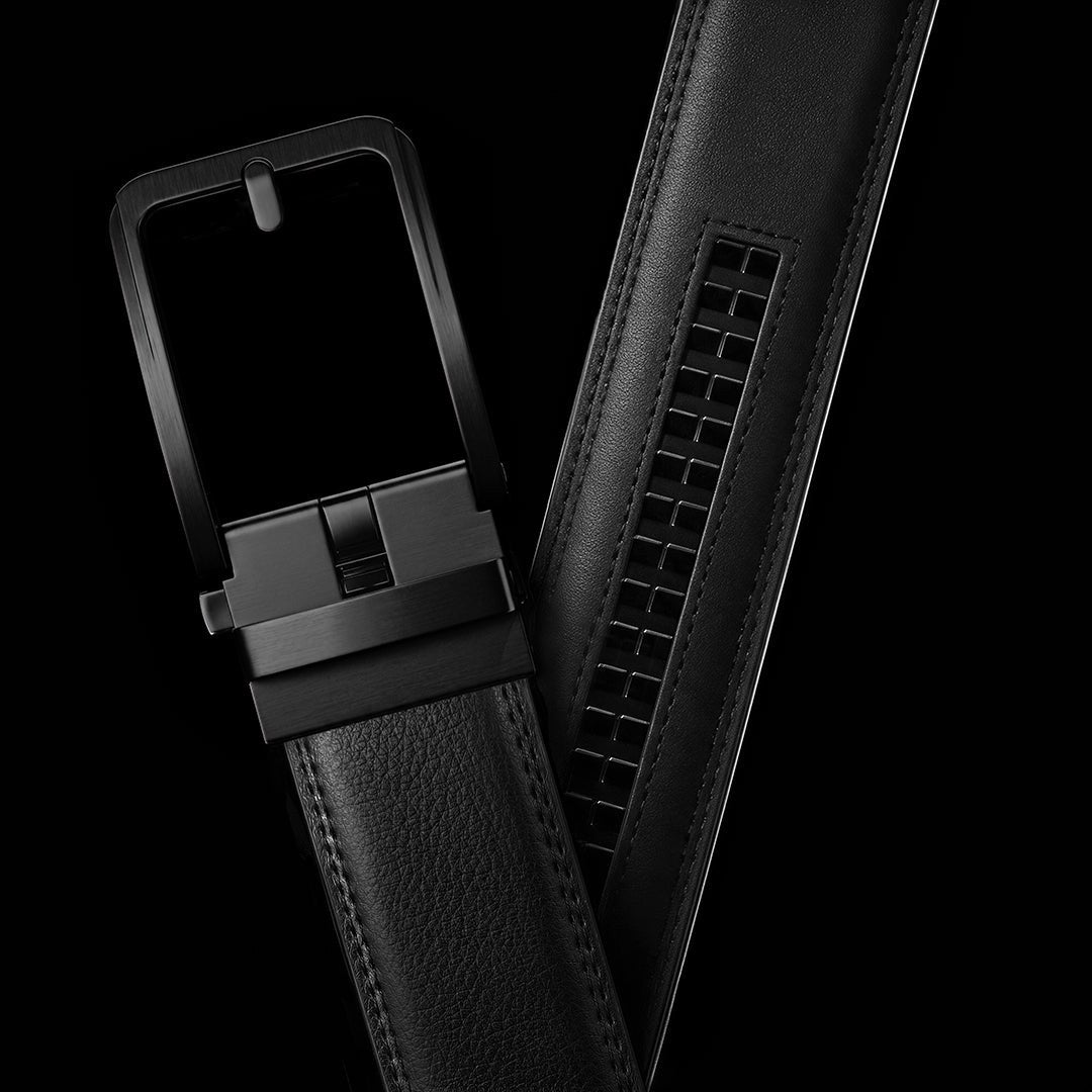 Black leather belt with a matte black micro-adjust buckle