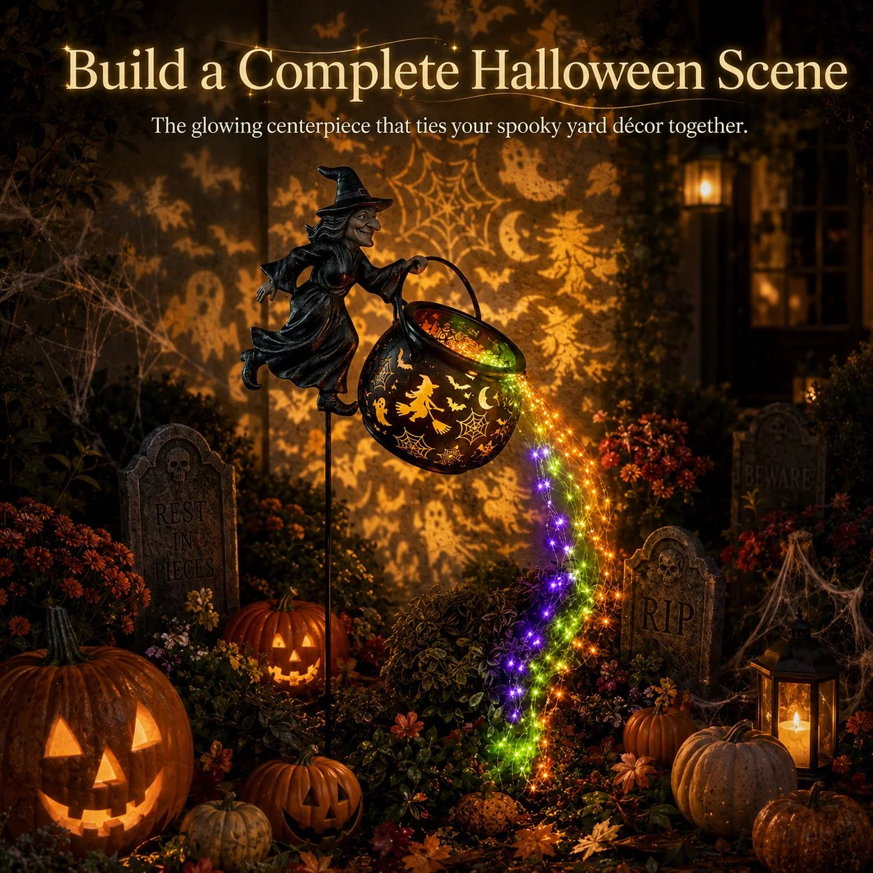 Halloween scene with witch cauldron light pumpkins and tombstones