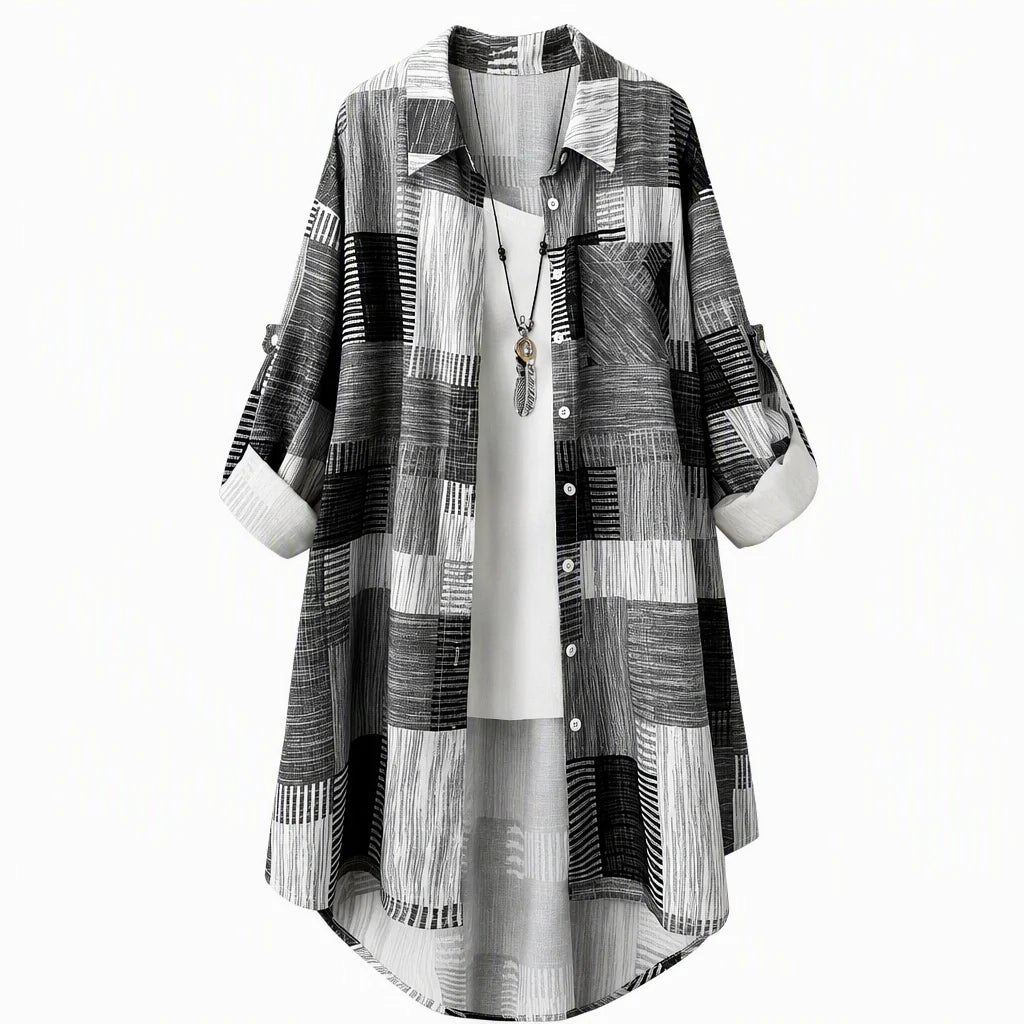 Black patchwork plaid long sleeve shirt with button front