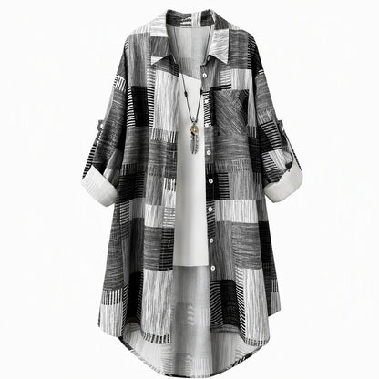 Black patchwork plaid long sleeve shirt with button front