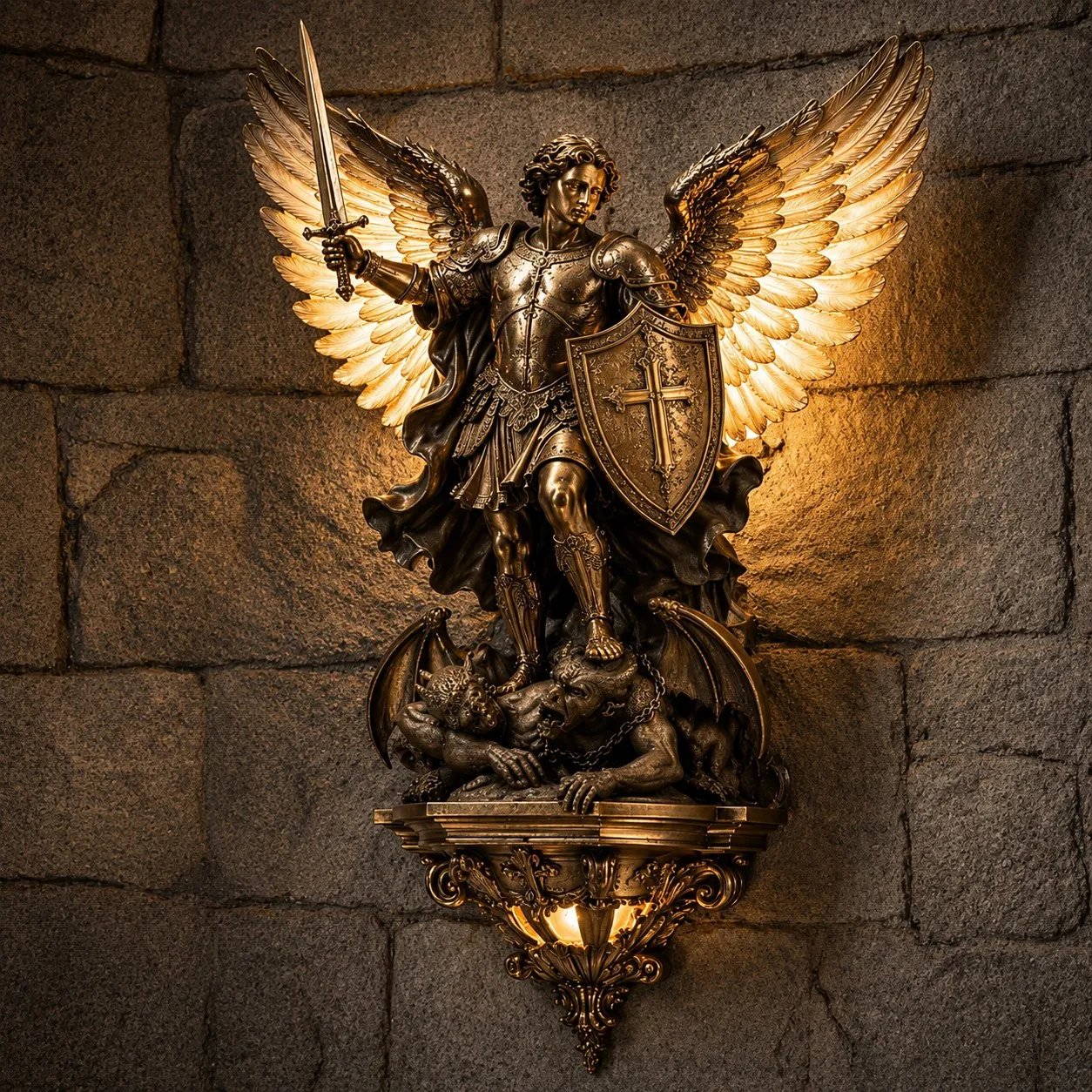 St. Michael Guardian Angel wall light with warm golden glow on stone wall