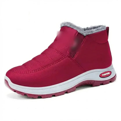 Red quilted waterproof fleece-lined ankle boots