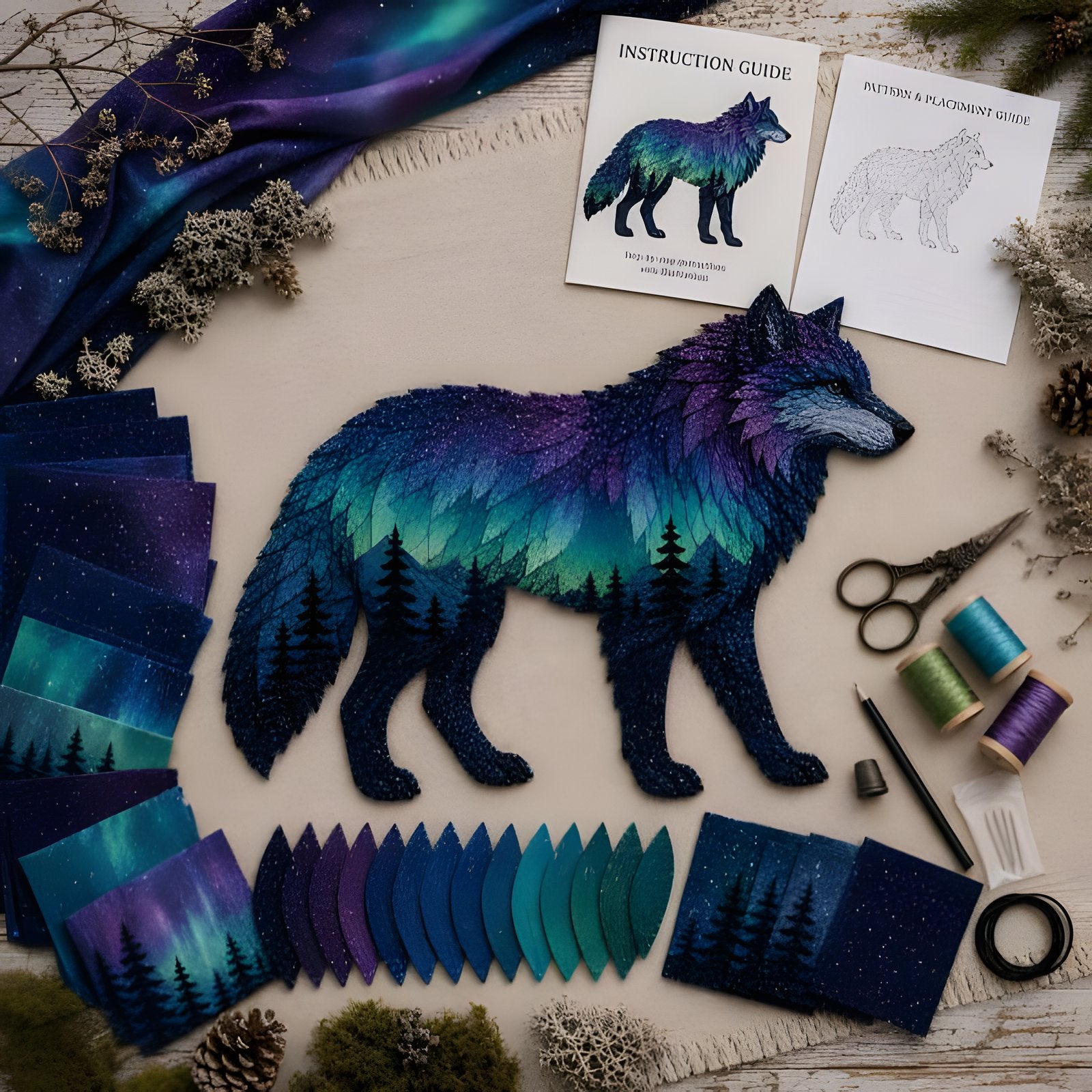 Wolf northern lights layered fabric patchwork art kit with forest silhouette