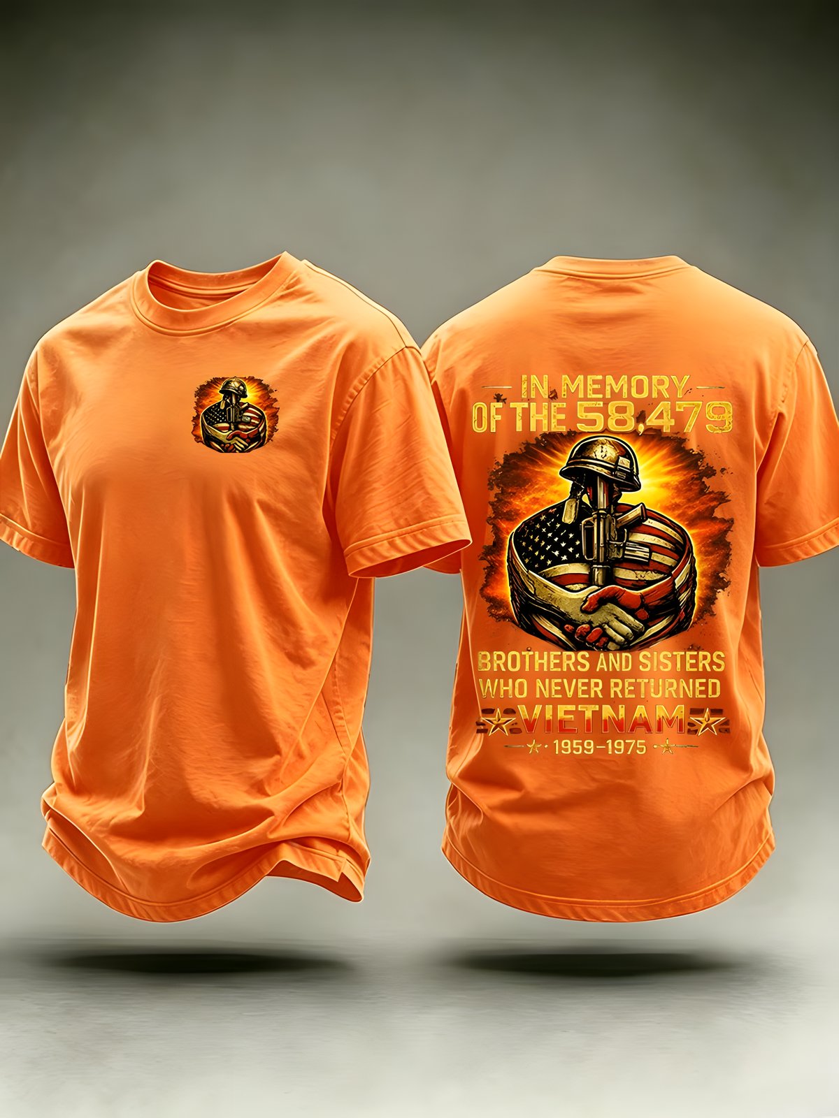 Orange Vietnam memorial tribute T-shirt with front and back graphics