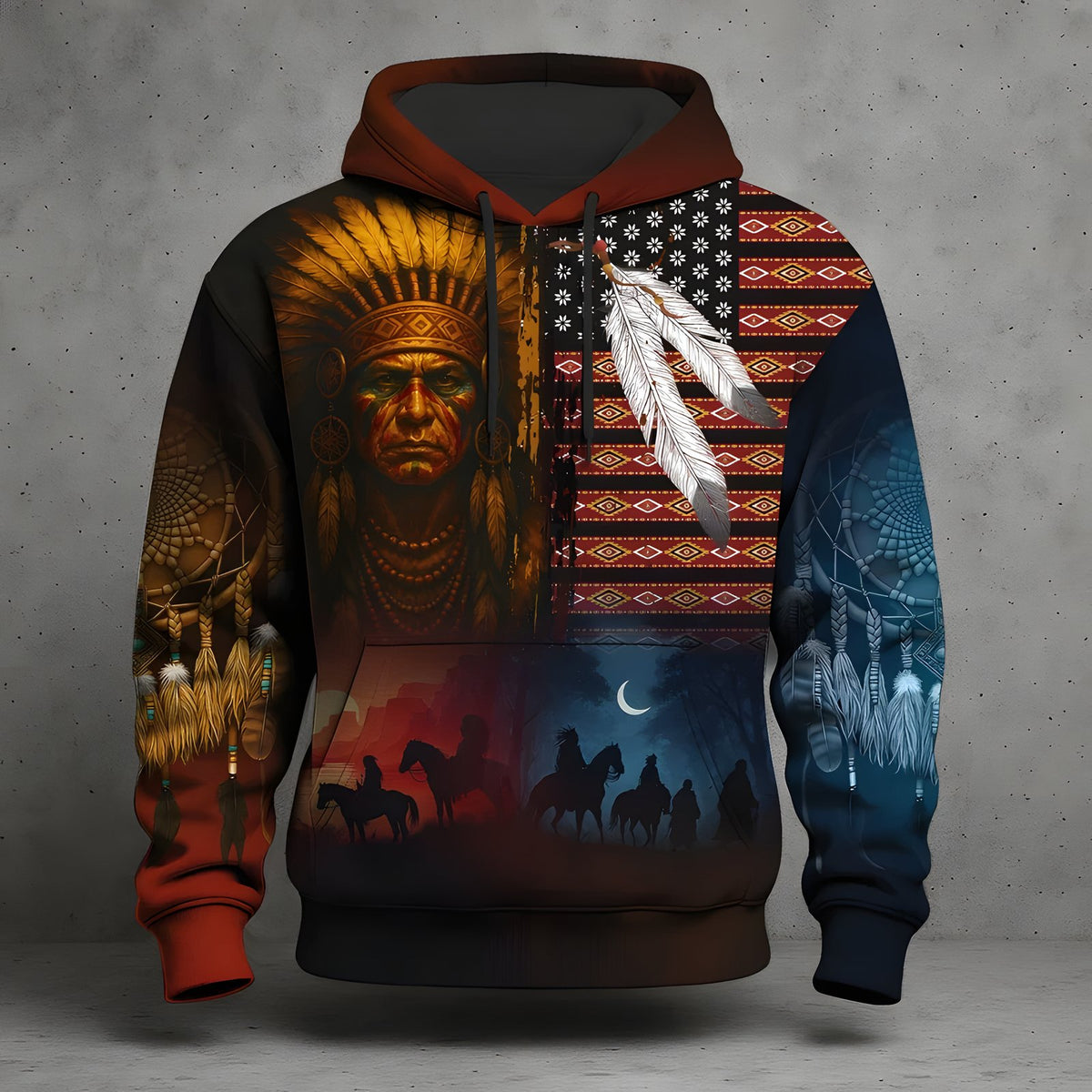 Southwestern graphic hoodie with portrait and horseback silhouettes