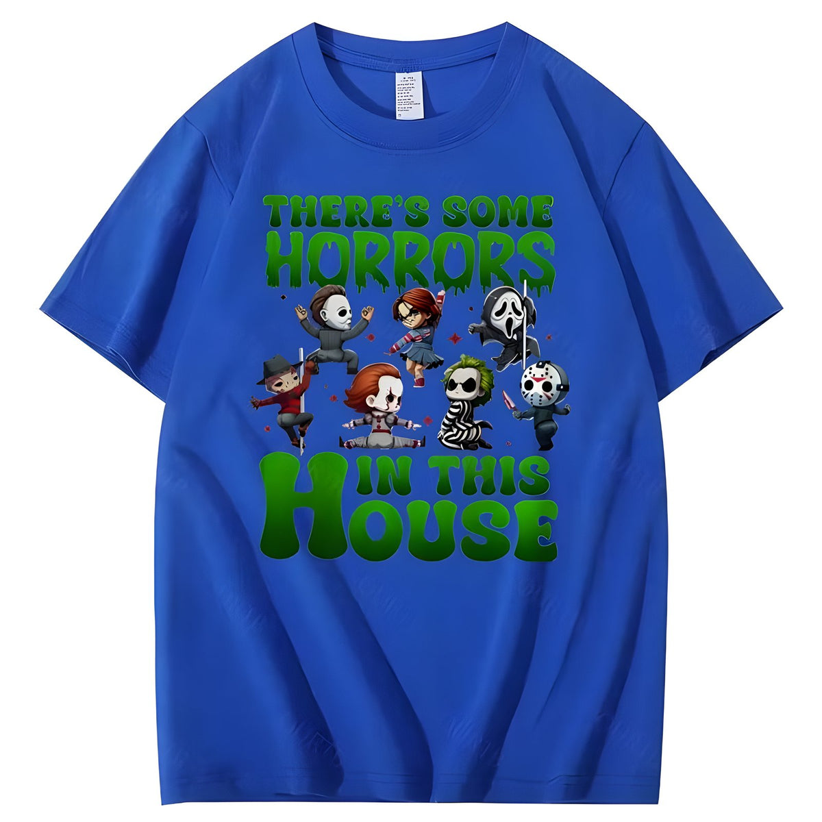 Blue Halloween horror character graphic cotton T-shirt, front view